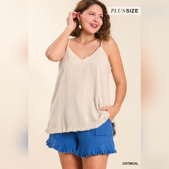 Cute Linen Blend V-Neck Tank Top w Ruffle Hem & Adjustable Spaghetti Straps - Picture 2 of 13